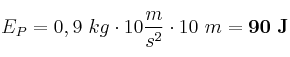 E_P = 0,9\ kg\cdot 10\frac{m}{s^2}\cdot 10\ m = \bf 90\ J