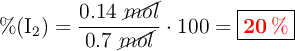 \%(\ce{I2}) = \frac{0.14\ \cancel{mol}}{0.7\ \cancel{mol}}\cdot 100 = \fbox{\color{red}{\bm{20\%}}}