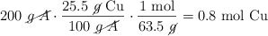 200\ \cancel{g\ A}\cdot \frac{25.5\ \cancel{g}\ \text{Cu}}{100\ \cancel{g\ A}}\cdot \frac{1\ \text{mol}}{63.5\ \cancel{g}} = 0.8\ \text{mol Cu}