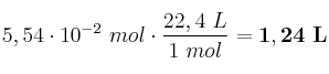 5,54\cdot 10^{-2}\ mol\cdot \frac{22,4\ L}{1\ mol} = \bf 1,24\ L