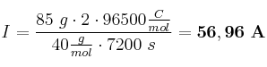 I = \frac{85\ g\cdot 2\cdot 96500\frac{C}{mol}}{40\frac{g}{mol}\cdot 7200\ s} = \bf 56,96\ A