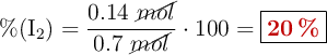 \%(\ce{I2}) = \frac{0.14\ \cancel{mol}}{0.7\ \cancel{mol}}\cdot 100 = \fbox{\color[RGB]{192,0,0}{\bf 20\ \%}}