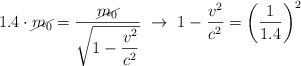 1.4\cdot \cancel{m_0} = \frac{\cancel{m_0}}{\sqrt{1 - \dfrac{v^2}{c^2}}}\ \to\ 1 - \frac{v^2}{c^2} = \left(\frac{1}{1.4}\right)^2