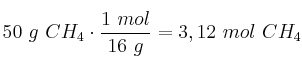 50\ g\ CH_4\cdot \frac{1\ mol}{16\ g} = 3,12\ mol\ CH_4