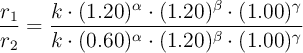 \frac{r_1}{r_2}= \frac{k\cdot (1.20)^{\alpha}\cdot (1.20)^{\beta}\cdot (1.00)^{\gamma}}{k\cdot (0.60)^{\alpha}\cdot (1.20)^{\beta}\cdot (1.00)^{\gamma}}