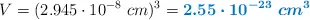 V = (2.945\cdot 10^{-8}\ cm)^3 = \color[RGB]{0,112,192}{\bm{2.55\cdot 10^{-23}\ cm^3}}