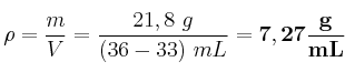 \rho = \frac{m}{V} = \frac{21,8\ g}{(36 - 33)\ mL} = \bf 7,27\frac{g}{mL}