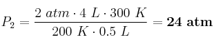 P_2 = \frac{2\ atm\cdot 4\ L\cdot 300\ K}{200\ K\cdot 0.5\ L} = \bf 24\ atm