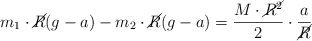 m_1\cdot \cancel{R} (g - a) - m_2\cdot \cancel{R} (g - a) = \frac{M\cdot \cancel{R^2}}{2}\cdot \frac{a}{\cancel{R}}