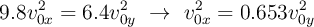 9.8v_{0x}^2 = 6.4v_{0y}^2\ \to\ v_{0x}^2 = 0.653v_{0y}^2