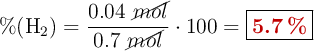 \%(\ce{H2}) = \frac{0.04\ \cancel{mol}}{0.7\ \cancel{mol}}\cdot 100 = \fbox{\color[RGB]{192,0,0}{\bf 5.7\ \%}}}