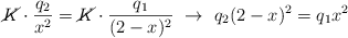 \cancel{K} \cdot \frac{q_2}{x^2} = \cancel{K}\cdot \frac{q_1}{(2 - x)^2}\ \to\ q_2 (2 - x)^2 = q_1x^2
