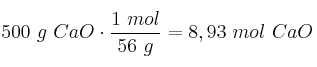 500\ g\ CaO\cdot \frac{1\ mol}{56\ g} = 8,93\ mol\ CaO