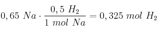 0,65\mol\ Na\cdot \frac{0,5\mol\ H_2}{1\ mol\ Na} = 0,325\ mol\ H_2