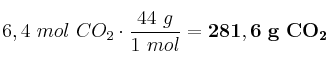 6,4\ mol\ CO_2\cdot \frac{44\ g}{1\ mol} = \bf 281,6\ g\ CO_2