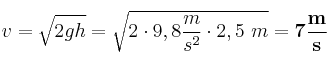 v = \sqrt{2gh} = \sqrt{2\cdot 9,8\frac{m}{s^2}\cdot 2,5\ m} = \bf 7\frac{m}{s}