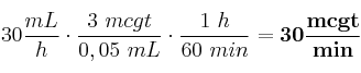30\frac{mL}{h}\cdot \frac{3\ mcgt}{0,05\ mL}\cdot \frac{1\ h}{60\ min} = \bf 30\frac{mcgt}{min}