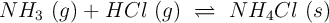 NH_3\ (g) + HCl\ (g)\ \rightleftharpoons\ NH_4Cl\ (s)