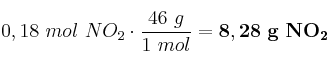 0,18\ mol\ NO_2\cdot \frac{46\ g}{1\ mol} = \bf 8,28\ g\ NO_2