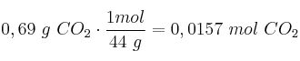0,69\ g\ CO_2\cdot \frac{1 mol}{44\ g} = 0,0157\ mol\ CO_2