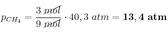 p_{CH_4} = \frac{3\ \cancel{mol}}{9\ \cancel{mol}}\cdot 40,3\ atm = \bf 13,4\ atm