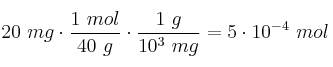 20\ mg\cdot \frac{1\ mol}{40\ g}\cdot \frac{1\ g}{10^3\ mg} = 5\cdot 10^{-4}\ mol