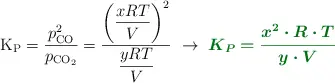 \ce{K_P} = \frac{p_{\ce{CO}}^2}{p_{\ce{CO2}}} = \frac{\left(\dfrac{xRT}{V}\right)^2}{\dfrac{yRT}{V}}}\ \to\ \color[RGB]{2,112,20}{\bm{K_P = \frac{x^2\cdot R\cdot T}{y\cdot V}}}