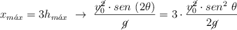 x_{m\acute{a}x} = 3h_{m\acute{a}x}\ \to\ \frac{\cancel{v_0^2}\cdot sen\ (2\theta)}{\cancel{g}} = 3\cdot \frac{\cancel{v_0^2}\cdot sen^2\ \theta}{2\cancel{g}}