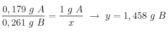 \frac{0,179\ g\ A}{0,261\ g\ B} = \frac{1\ g\ A}{x}\ \to\ y = 1,458\ g\ B