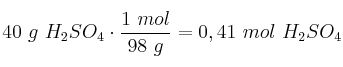 40\ g\ H_2SO_4\cdot \frac{1\ mol}{98\ g} = 0,41\ mol\ H_2SO_4