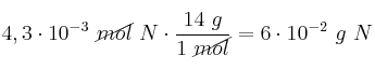 4,3\cdot 10^{-3}\ \cancel{mol}\ N\cdot \frac{14\ g}{1\ \cancel{mol}} = 6\cdot 10^{-2}\ g\ N