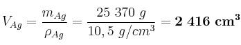 V_{Ag} = \frac{m_{Ag}}{\rho_{Ag}} = \frac{25\ 370\ g}{10,5\ g/cm^3} = \bf 2\ 416\ cm^3