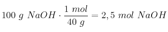 100\ g\ NaOH\cdot \frac{1\ mol}{40\ g} = 2,5\ mol\ NaOH