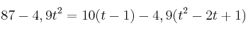 87 - 4,9t^2 = 10(t - 1) - 4,9(t^2 - 2t + 1)