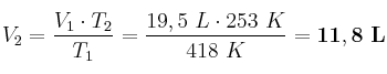 V_2 = \frac{V_1\cdot T_2}{T_1} = \frac{19,5\ L\cdot 253\ K}{418\ K} = \bf 11,8\ L