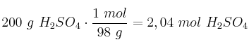 200\ g\ H_2SO_4\cdot \frac{1\ mol}{98\ g} = 2,04\ mol\ H_2SO_4