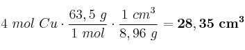 4\ mol\ Cu\cdot \frac{63,5\ g}{1\ mol}\cdot \frac{1\ cm^3}{8,96\ g} = \bf 28,35\ cm^3