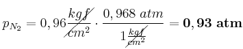 p_{N_2} = 0,96\cancel{\frac{kgf}{cm^2}}\cdot \frac{0,968\ atm}{1\cancel{\frac{kgf}{cm^2}}} = \bf 0,93\ atm