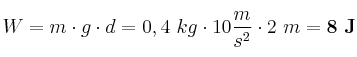W = m\cdot g\cdot d = 0,4\ kg\cdot 10\frac{m}{s^2}\cdot 2\ m = \bf 8\ J