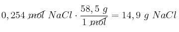 0,254\ \cancel{mol}\ NaCl\cdot \frac{58,5\ g}{1\ \cancel{mol}} = 14,9\ g\ NaCl
