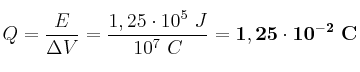 Q = \frac{E}{\Delta V} = \frac{1,25\cdot 10^5\ J}{10^7\ C} = \bf 1,25\cdot 10^{-2}\ C
