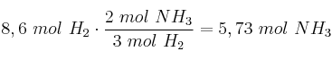 8,6\ mol\ H_2\cdot \frac{2\ mol\ NH_3}{3\ mol\ H_2} = 5,73\ mol\ NH_3