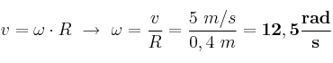 v = \omega\cdot R\ \to\ \omega = \frac{v}{R} = \frac{5\ m/s}{0,4\ m} = \bf 12,5\frac{rad}{s}