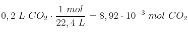0,2\ L\ CO_2\cdot \frac{1\ mol}{22,4\ L} = 8,92\cdot 10^{-3}\ mol\ CO_2