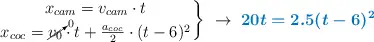 \left x_{cam}  = v_{cam}\cdot t \atop x_{coc} = \cancelto{0}{v_0}\cdot t + \frac{a_{coc}}{2}\cdot (t - 6)^2 \right \}\ \to\ \color[RGB]{0,112,192}{\bm{20t = 2.5(t - 6)^2}}