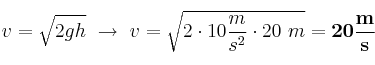 v = \sqrt{2gh}\ \to\ v = \sqrt{2\cdot 10\frac{m}{s^2}\cdot 20\ m} = \bf 20\frac{m}{s}