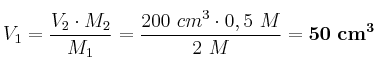 V_1 = \frac{V_2\cdot M_2}{M_1} = \frac{200\ cm^3\cdot 0,5\ M}{2\ M} = \bf 50\ cm^3