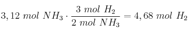 3,12\ mol\ NH_3\cdot \frac{3\ mol\ H_2}{2\ mol\ NH_3} = 4,68\ mol\ H_2