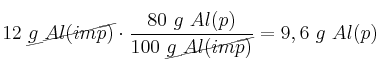 12\ \cancel{g\ Al(imp)}\cdot \frac{80\ g\ Al(p)}{100\ \cancel{g\ Al(imp)}} = 9,6\ g\ Al(p)
