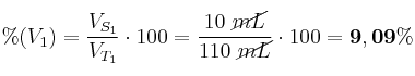 \%(V_1) = \frac{V_{S_1}}{V_{T_1}}\cdot 100 = \frac{10\ \cancel{mL}}{110\ \cancel{mL}}\cdot 100 = \bf 9,09\%
